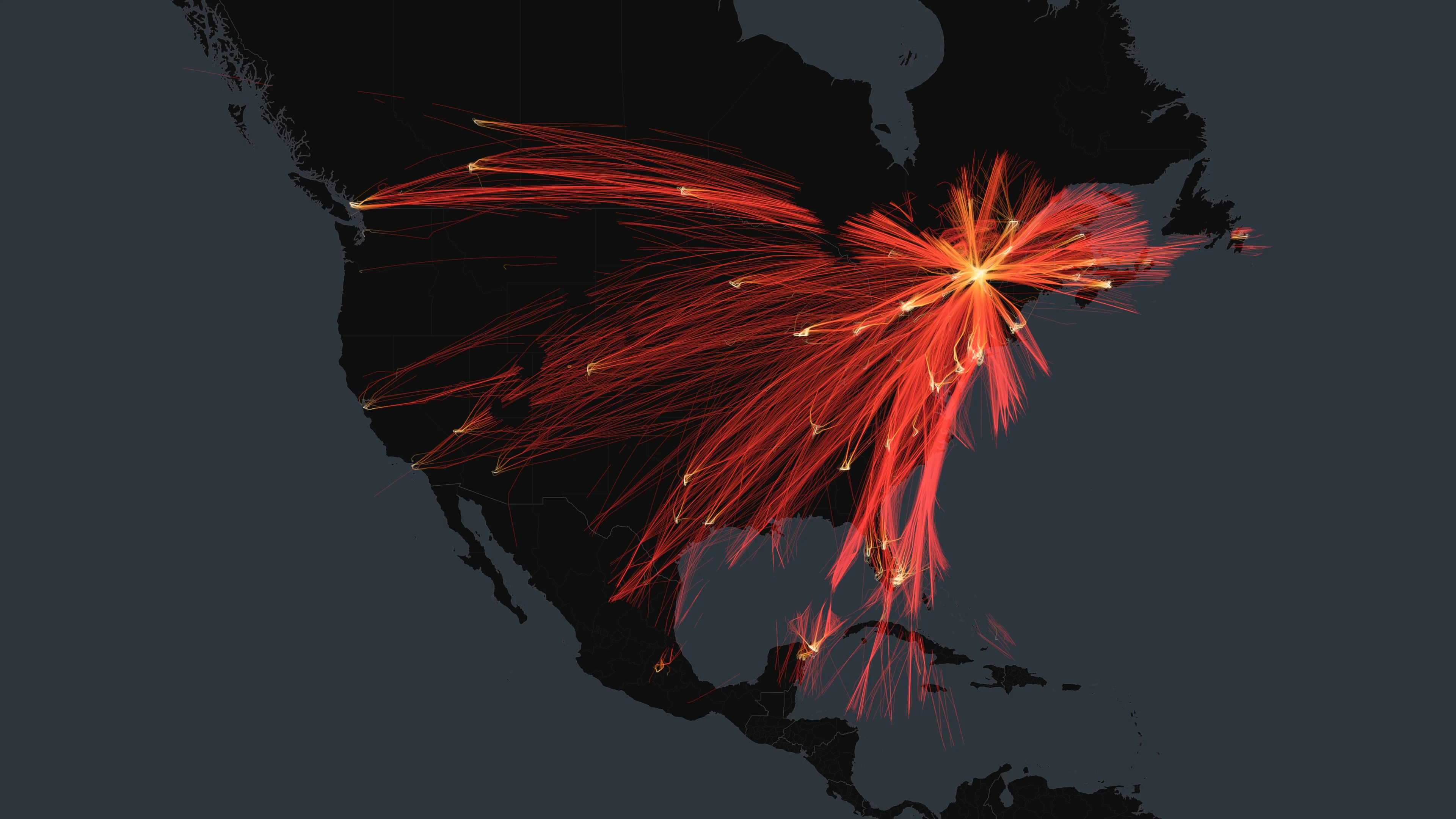 YUL flight trails on a state-border basemap