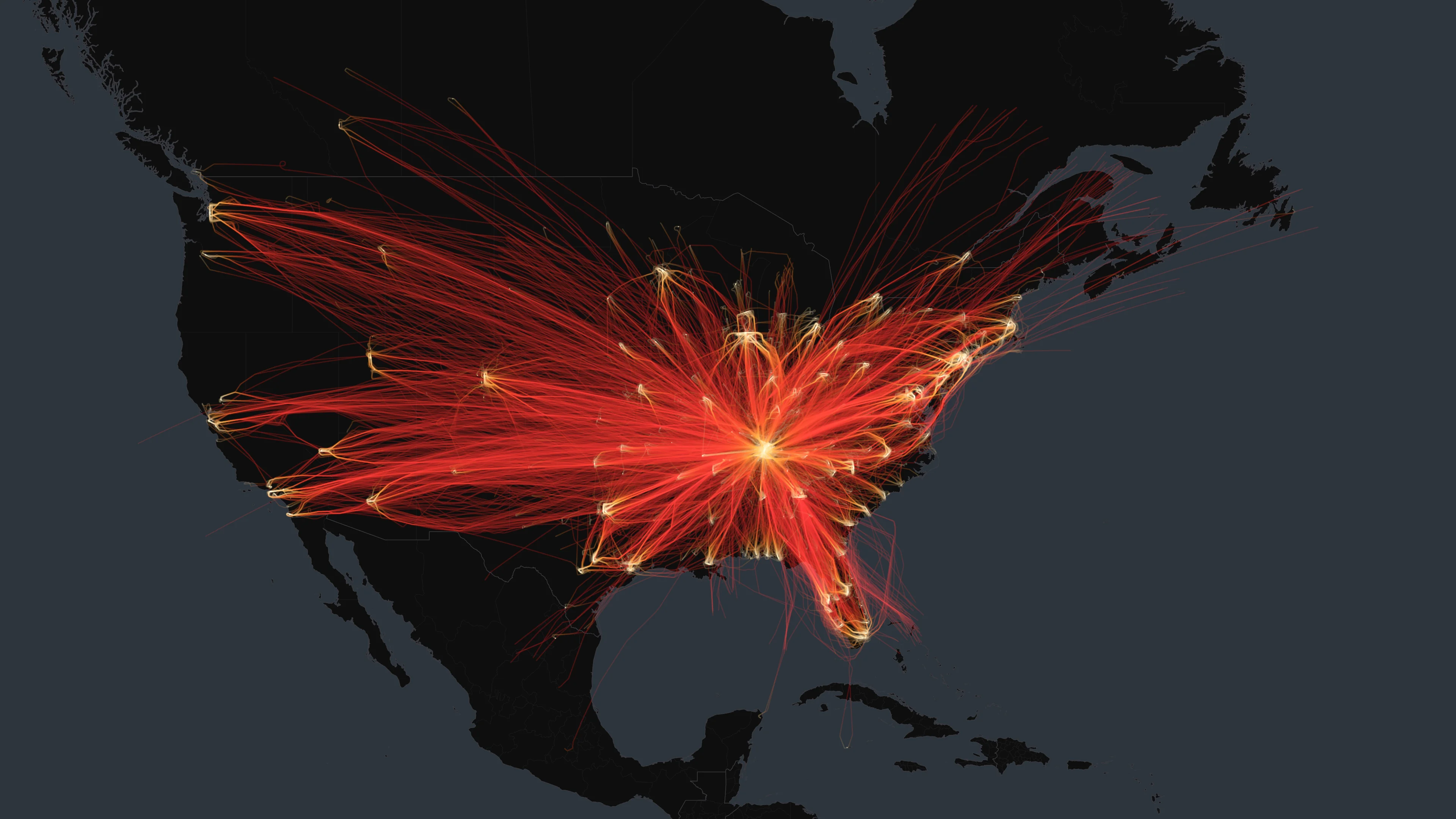 BNA flight trails on a state-border basemap