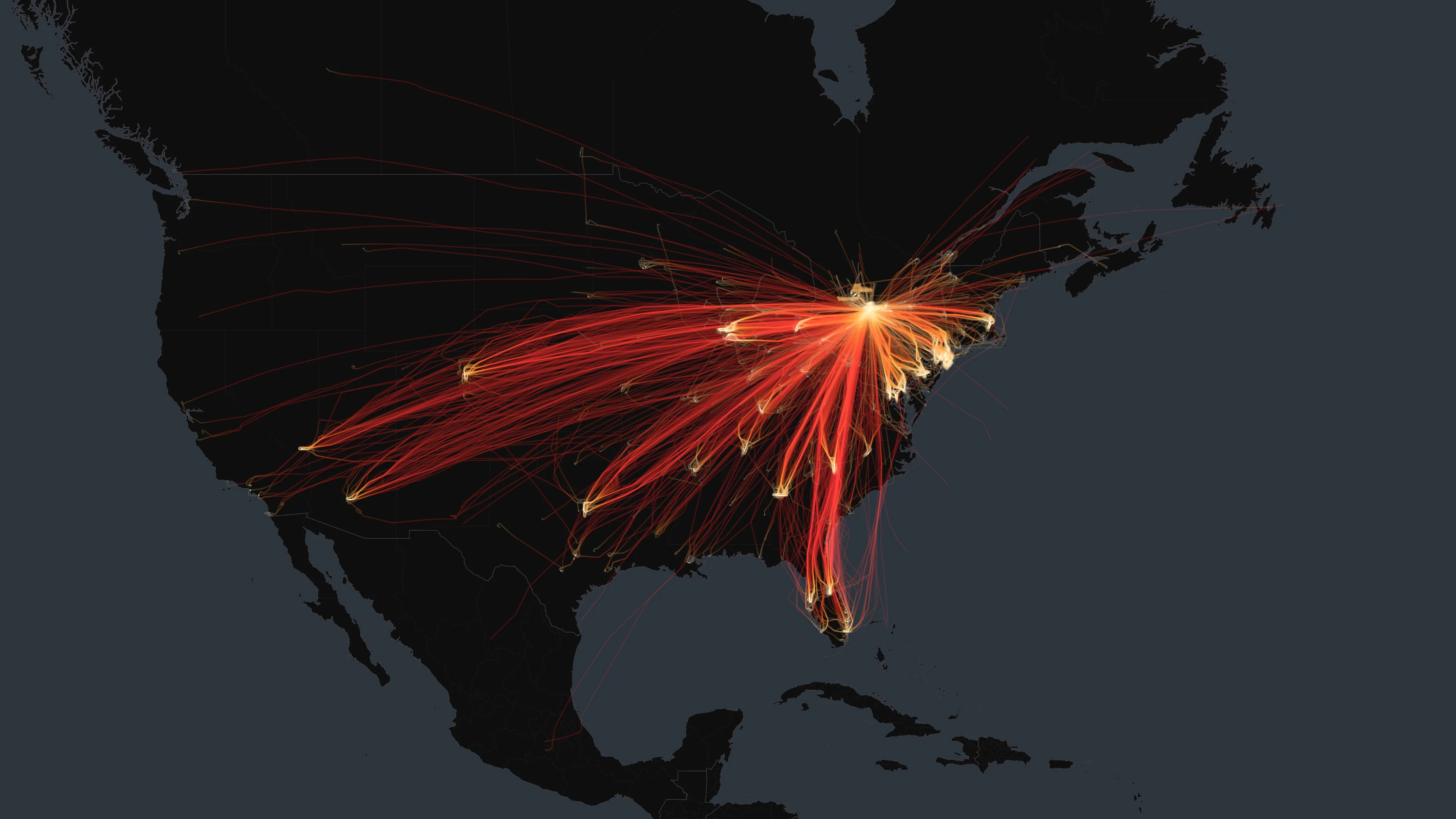 BUF flight trails on a state-border basemap