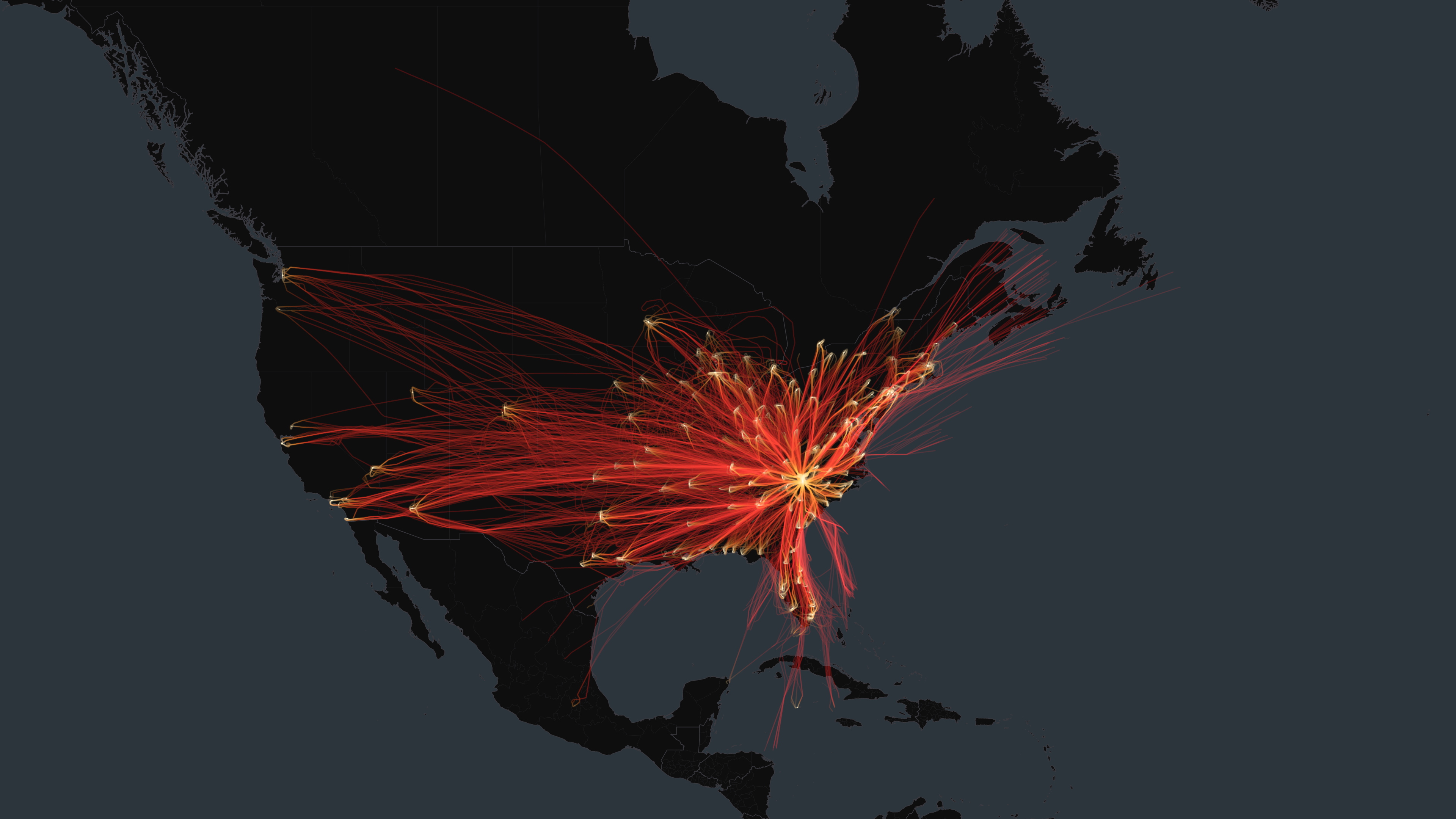 CLT flight trails on a state-border basemap
