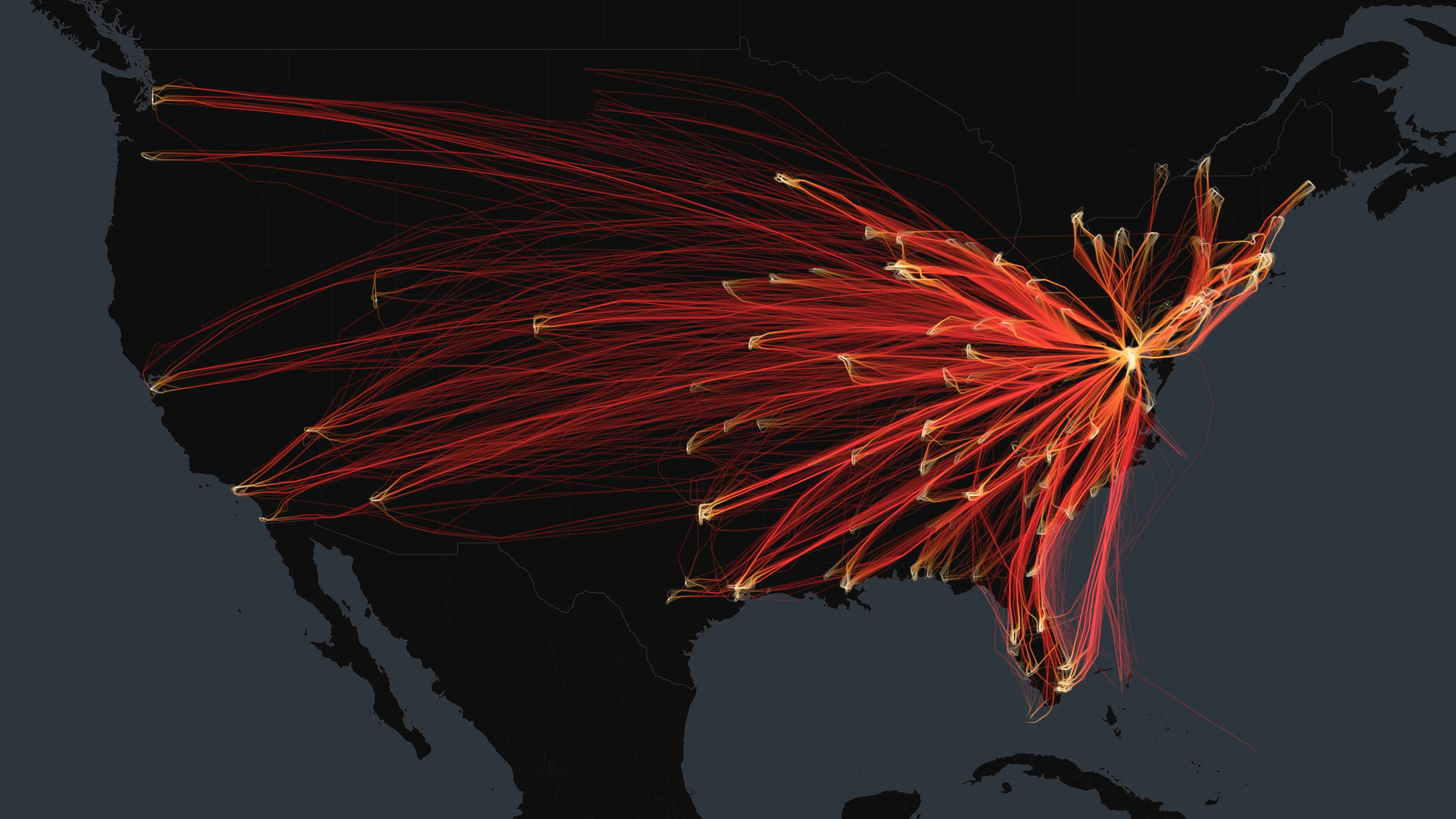 DCA flight trails on a state-border basemap