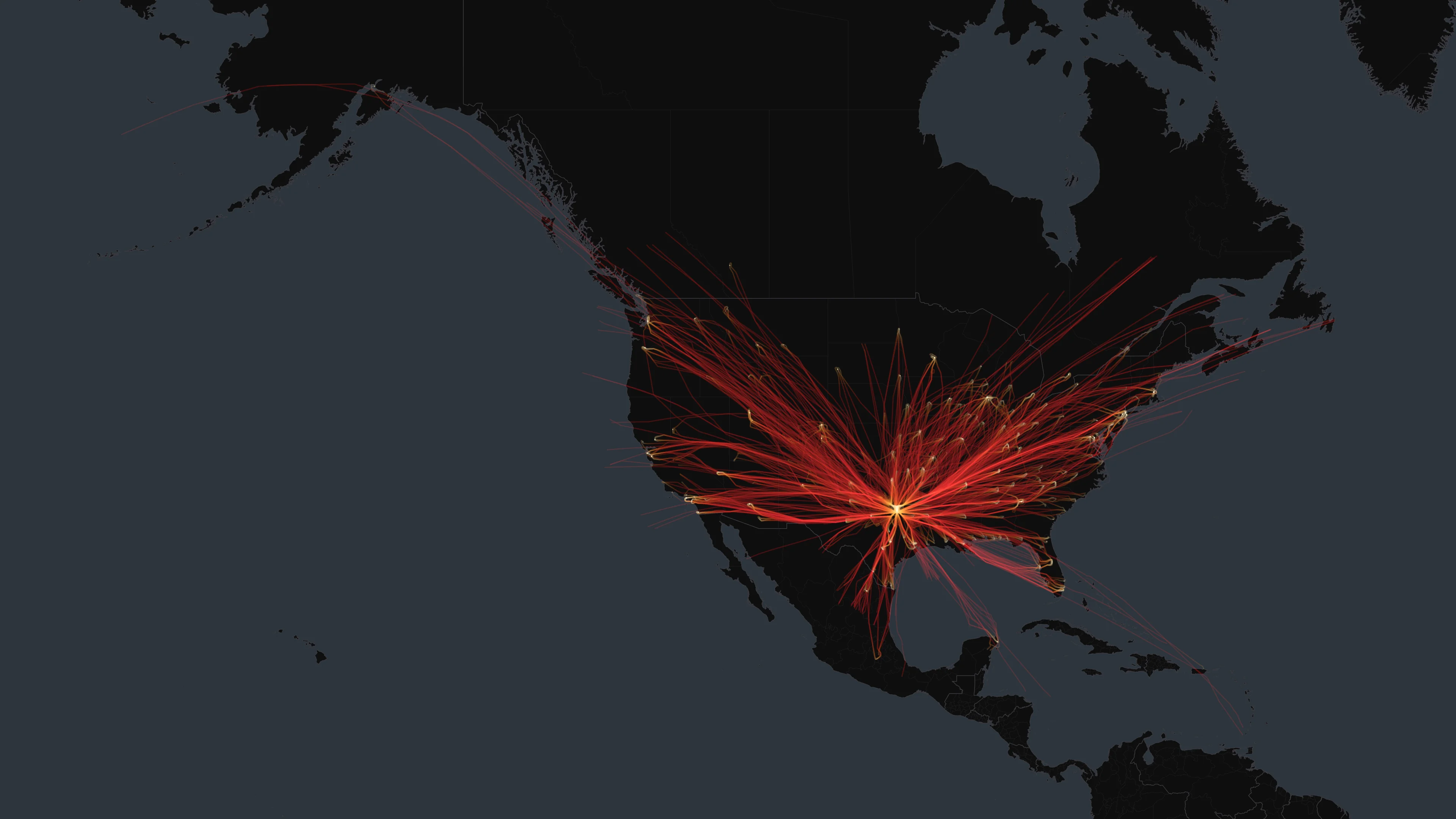DFW flight trails on a state-border basemap