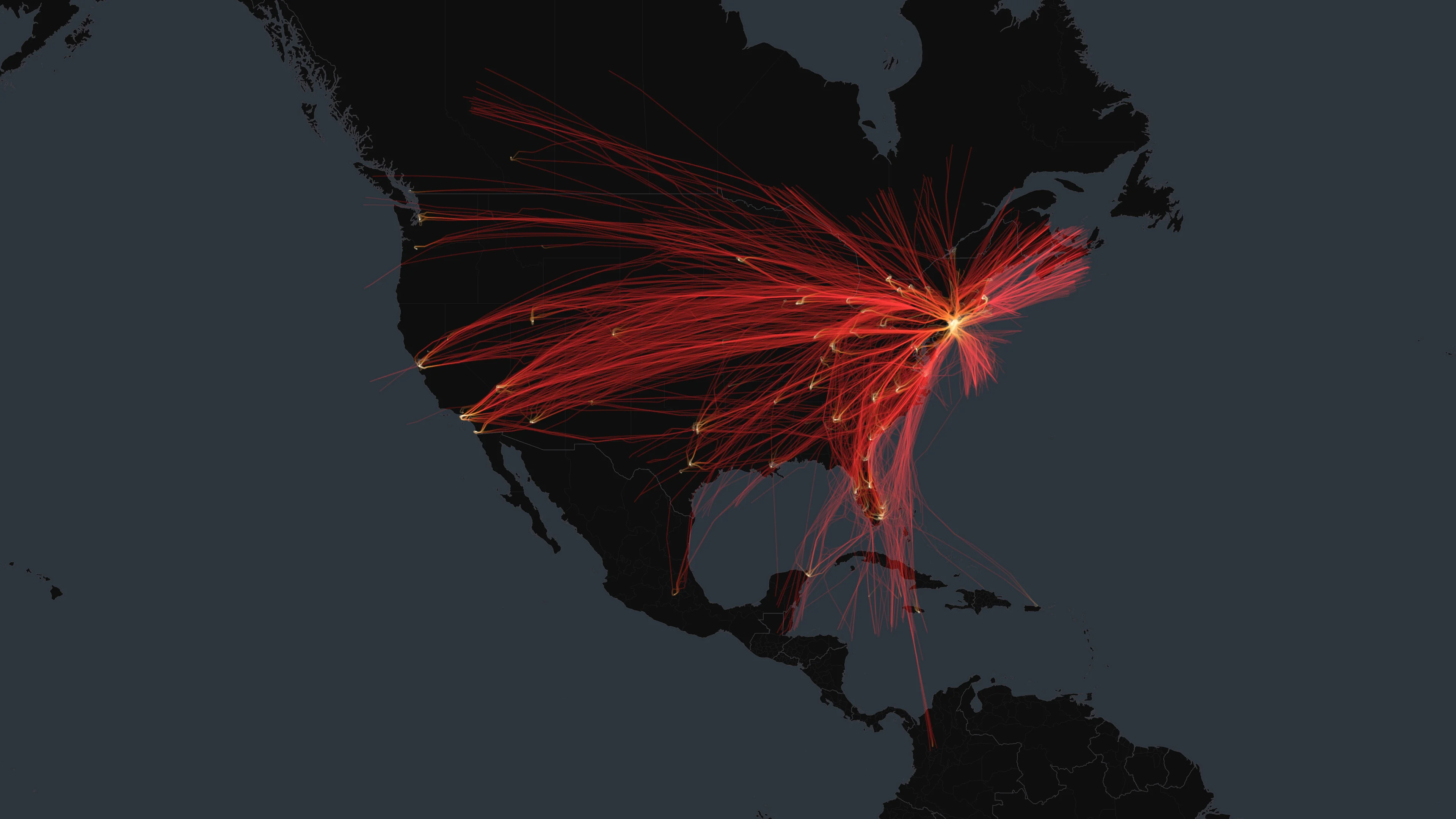 JFK flight trails on a state-border basemap