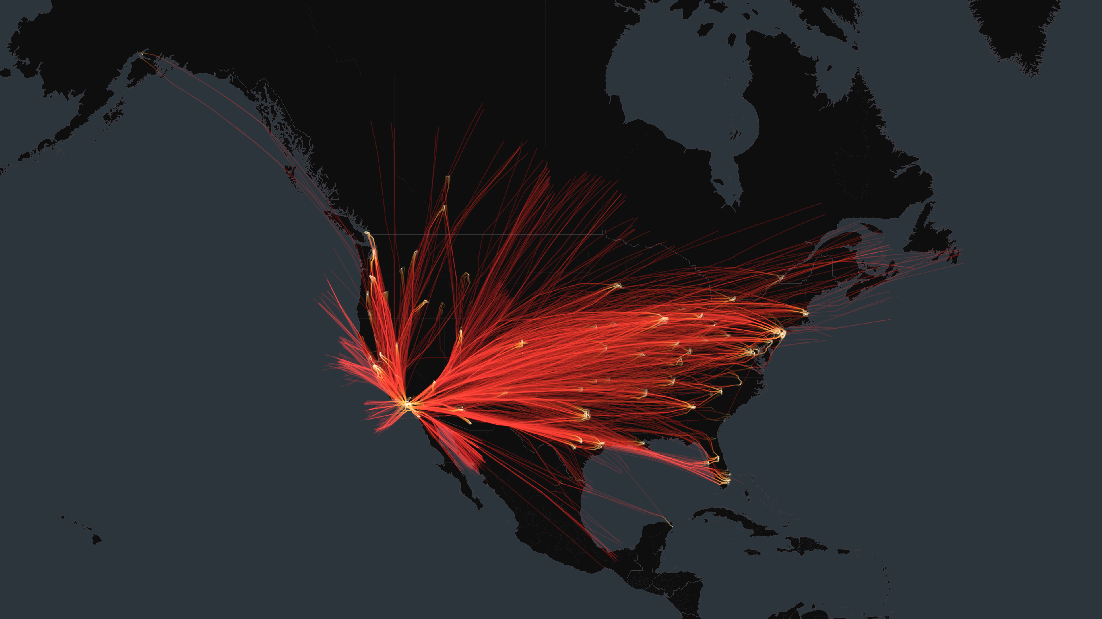 LAX flight trails on a state-border basemap