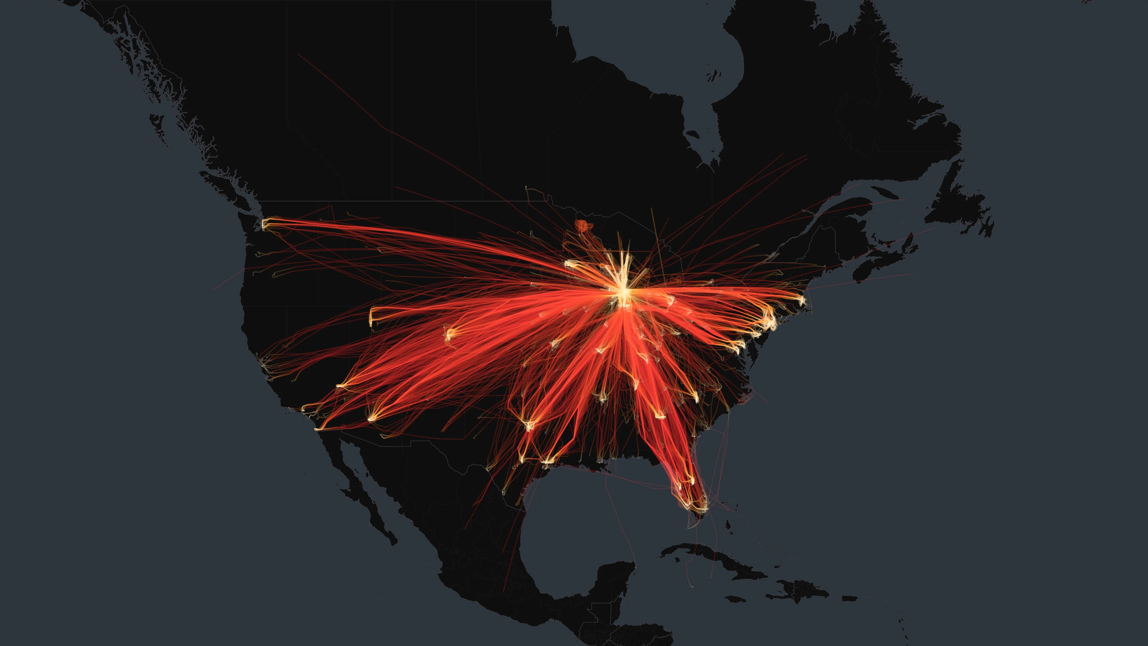 MKE flight trails on a state-border basemap