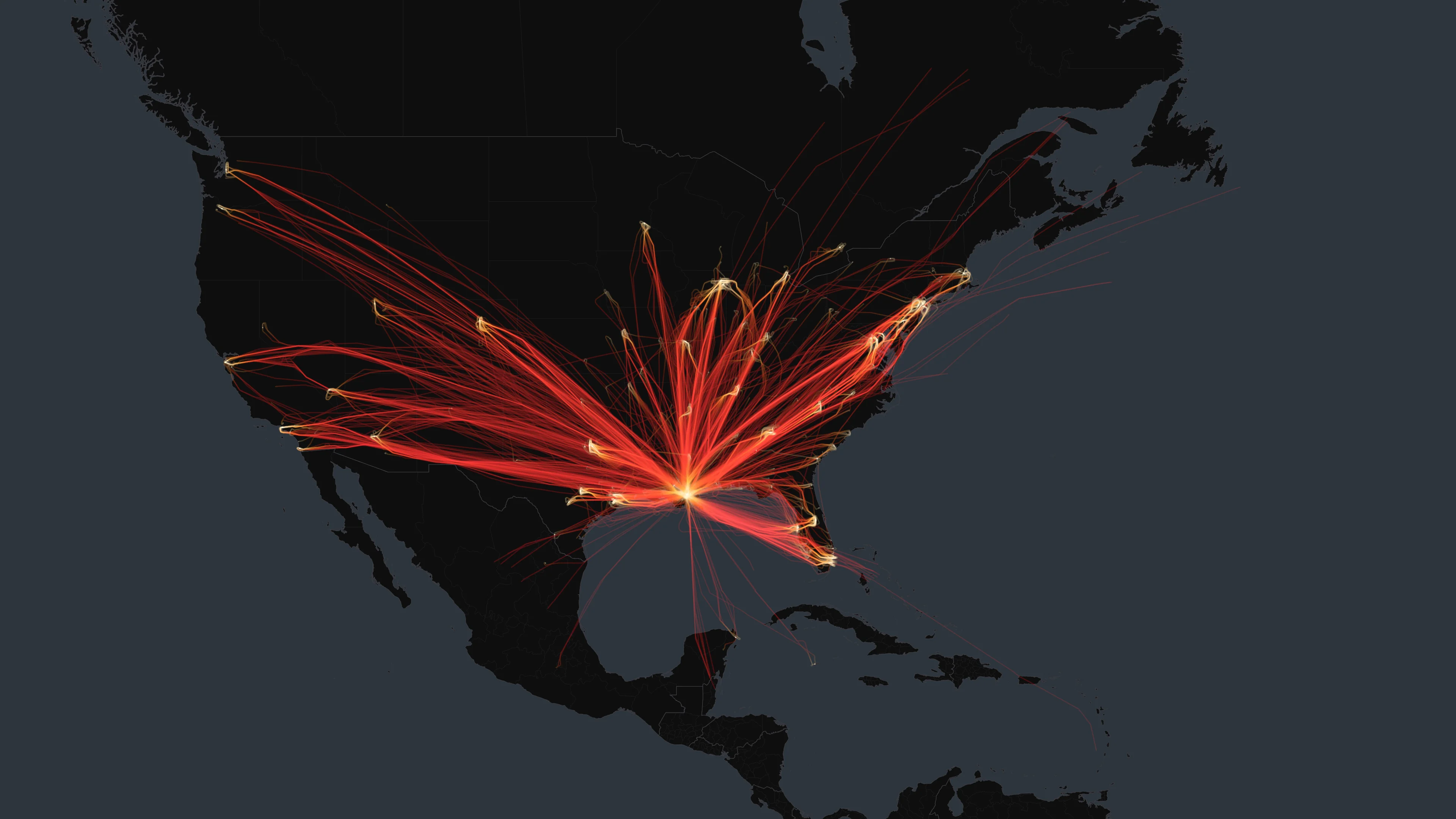 MSY flight trails on a state-border basemap