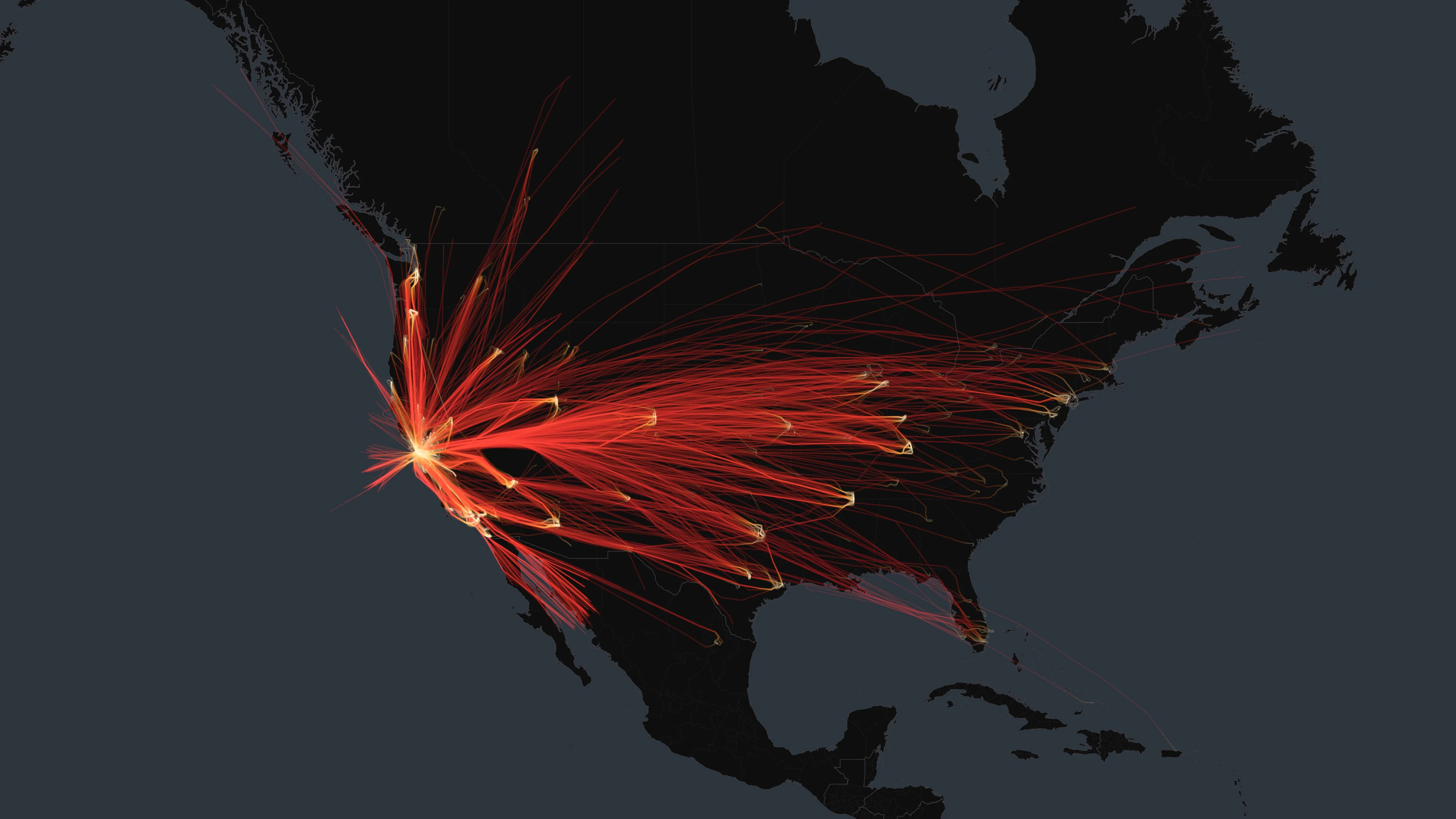 OAK flight trails on a state-border basemap