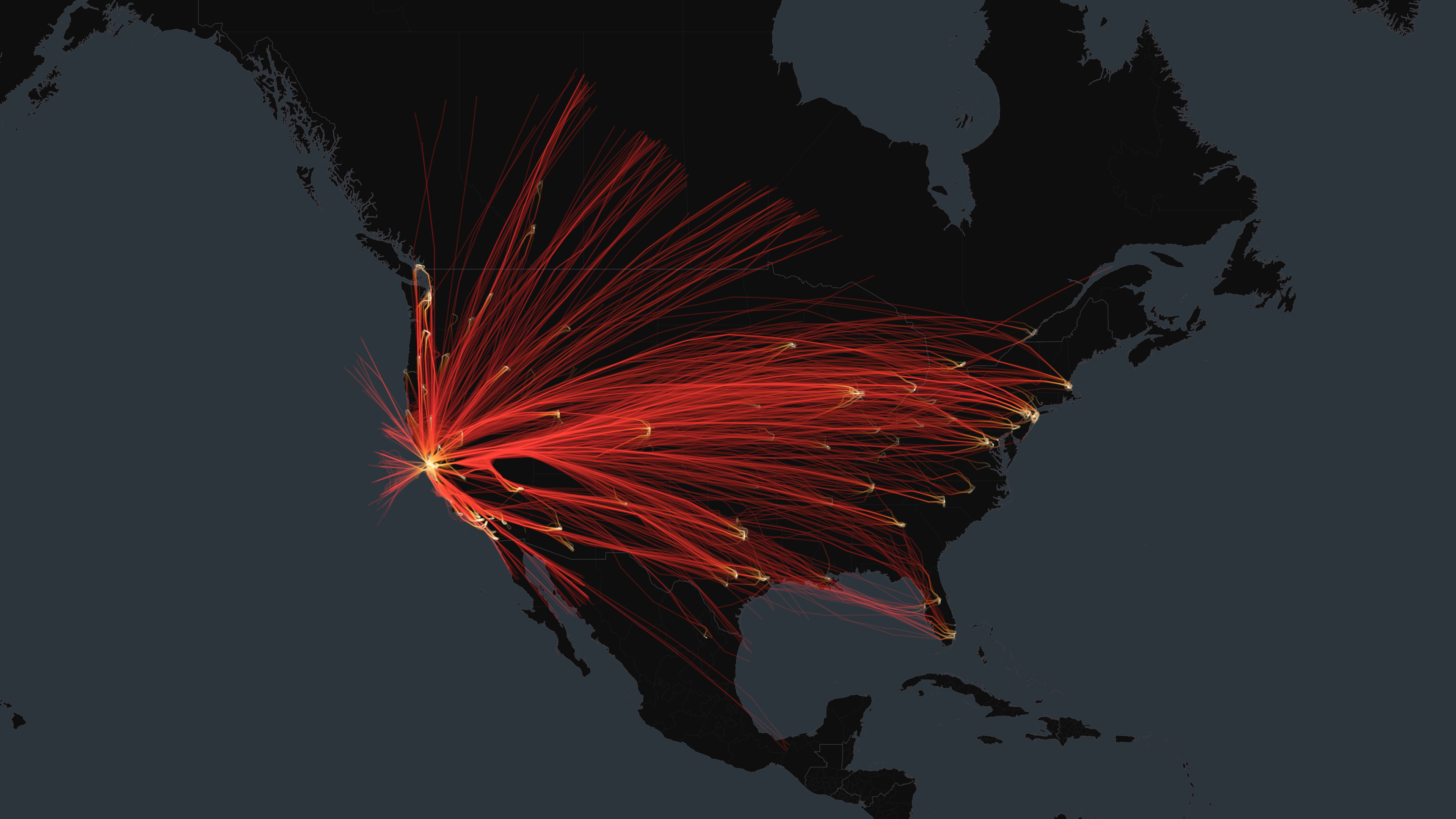 SFO flight trails on a state-border basemap