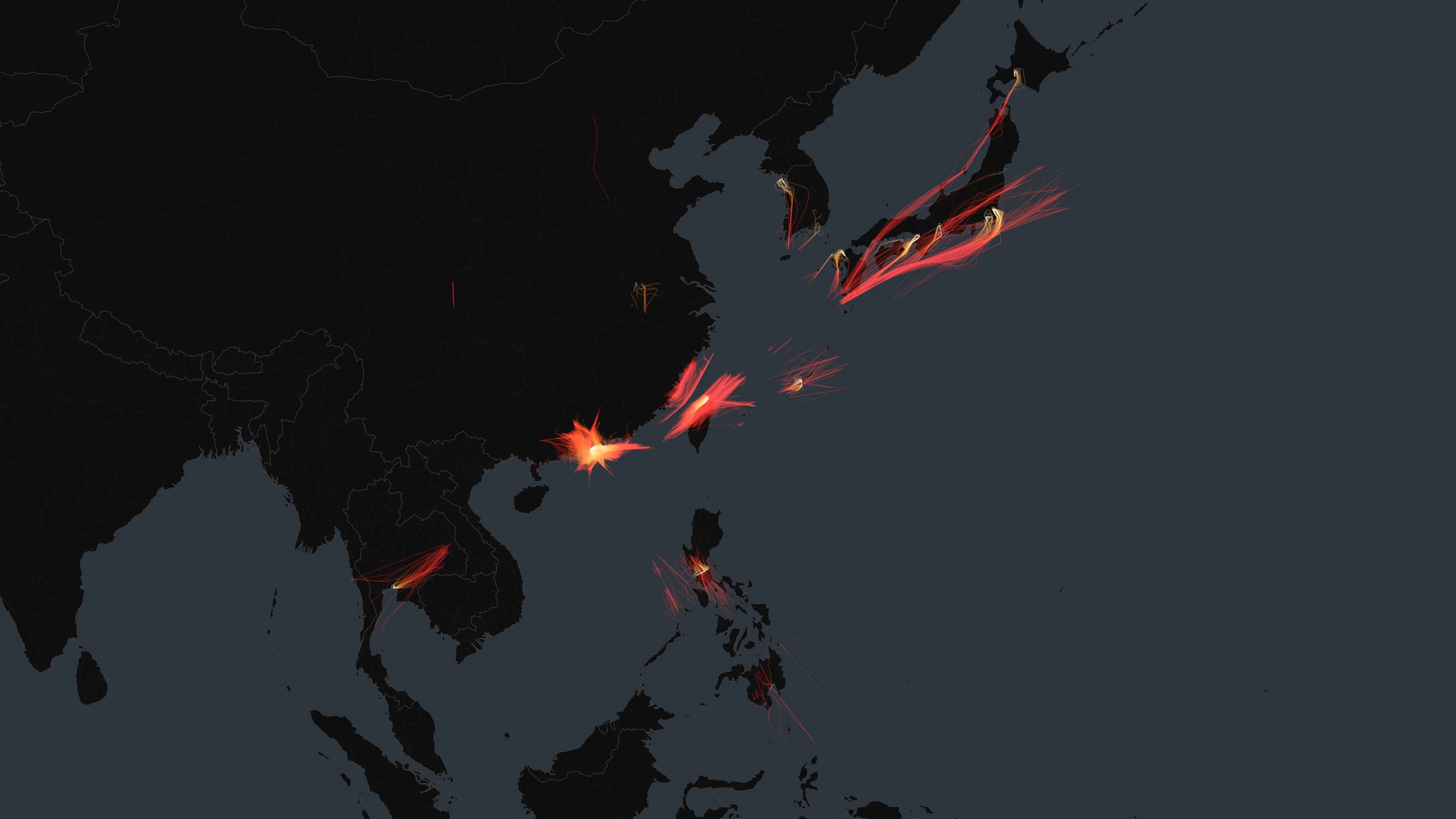 HKG flight trails on a state-border basemap
